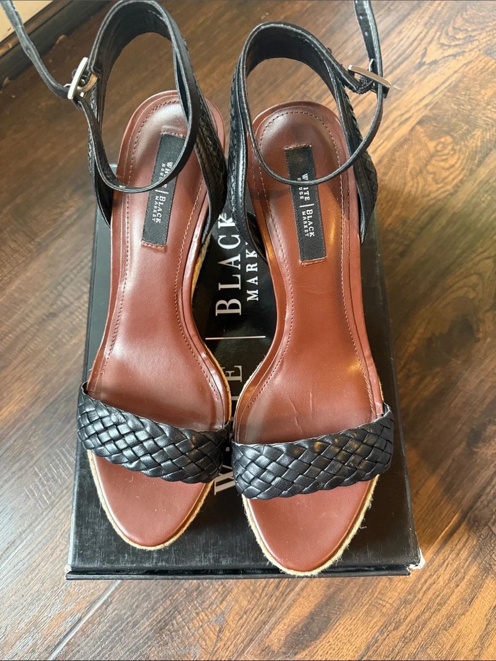 White House Black Market Black Braided Leather Ankle-Strap Sandals